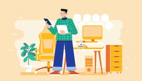 Young man working at her desk at home with laptop at her desk and testing app Stock Illustration