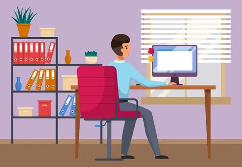 Young man is working at his computer. Modern office interior with work process Stock Illustration