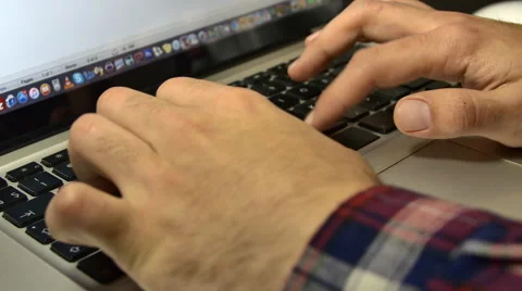 Young Man Working On His Laptop, Writting An E-Mail, Hands Detail Stock Footage 64045697