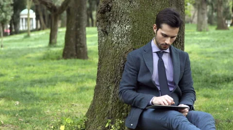Young man working with his tablet under a tree in a park Video stock 64727768