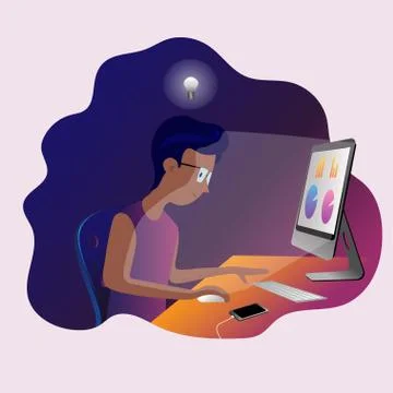 Young man working at home at the computer. Vector illustration Illustrazione stock