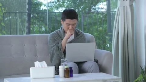 Young man working from home during illness. Online education. Stock Footage 156169767