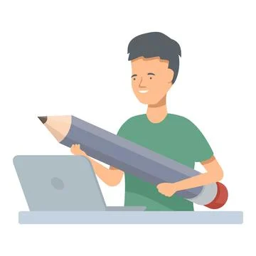 Young man working on laptop and holding big pencil Stock Illustration