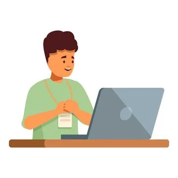 Young man working on laptop and smiling, online education or remote work Stock Illustration