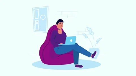 Young man working on laptop on beanbag chair in modern interior setting. Vídeo Stock 338312597