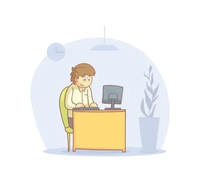 Young Man Working with Laptop Computer Cartoon Vector Illustration Stock Illustration