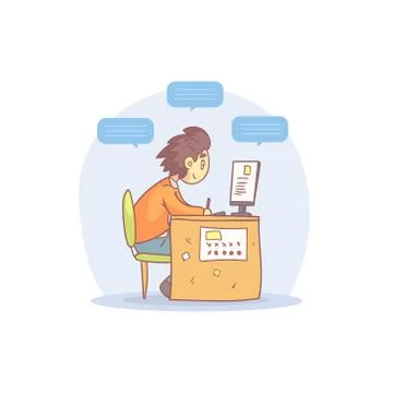 Young Man Working with Laptop Computer with Speech Bubbles Cartoon Vector Stock Illustration