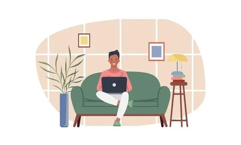 Young man working on laptop computer at home. Online education, distance イラスト素材