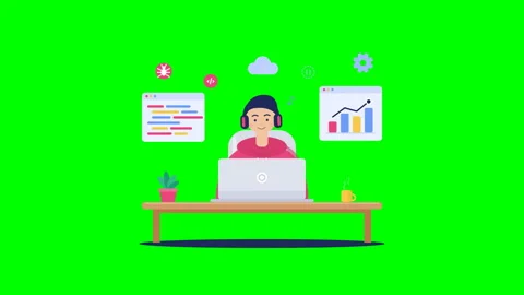 Young man working on laptop with data icons on green screen 動画素材 347665100