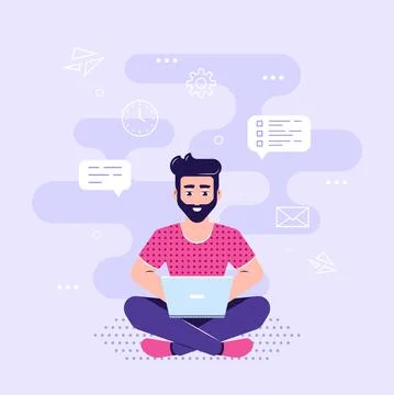 Young man working with laptop, flat style illustration Stock Illustration