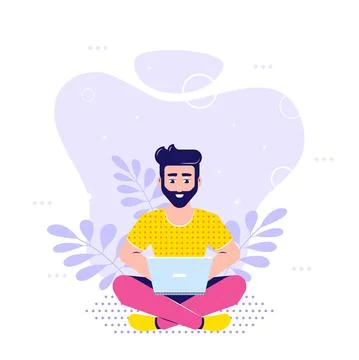 Young man working with laptop, flat style illustration Stock Illustration