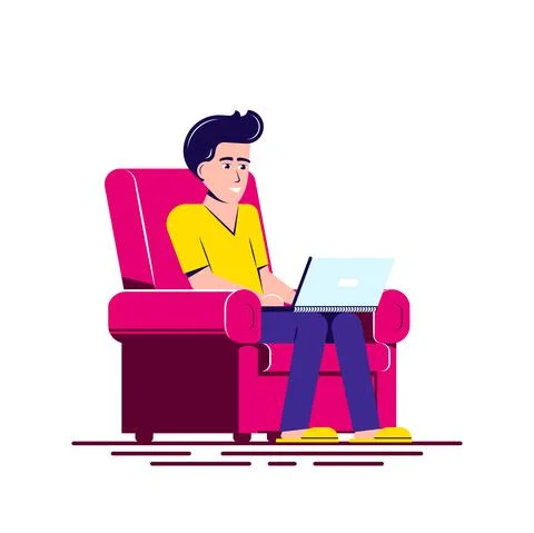 Young man working with laptop, flat style illustration Stock Illustration
