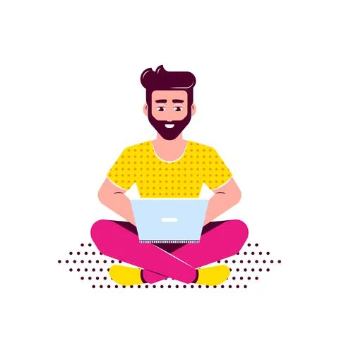 Young man working with laptop, flat style illustration Stock Illustration