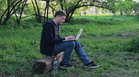 Young man working on laptop in the park Stock Footage 64483312