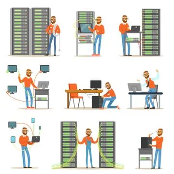 Young man working in network server room. Technician at the data center set of Stock Illustration