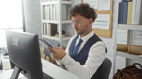 Young man working in an office reading documents at a desk with a computer .. Stock Footage 299865126