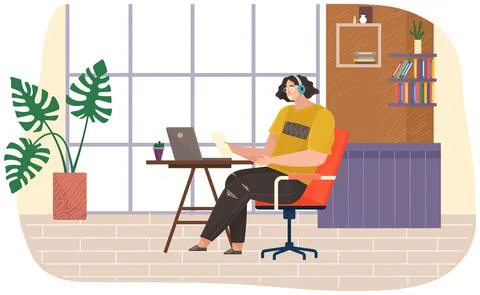 Young man working in office typing on computer with headphones, businessman at Stock Illustration