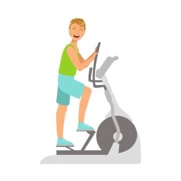 Young man working out using elliptical trainer. Colorful cartoon character Stock Illustration