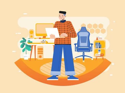 Young man working as Programmer at her desk at home with laptop at her desk Stock-Illustration