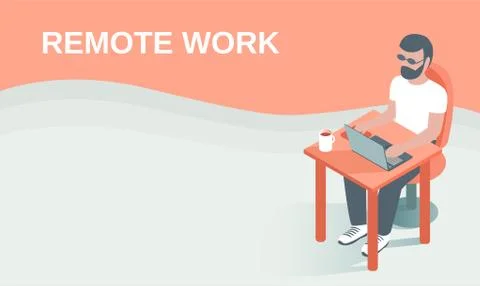 A young man is working remotely with a laptop. Stock Illustration