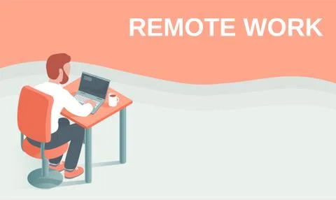 A young man is working remotely with a laptop. Stock Illustration