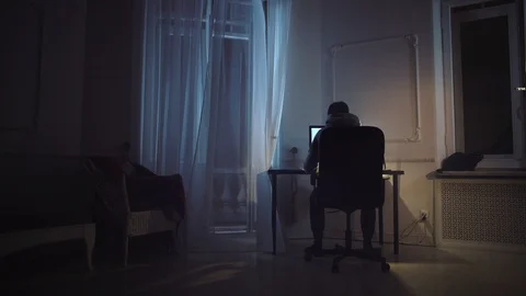Young man working on screenplay on computer at night room, cat on window sill Stock Footage 85707735
