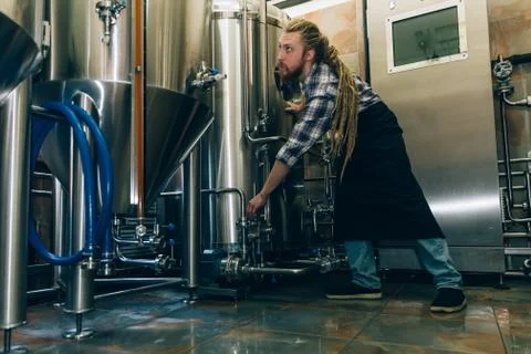 Young man working at small craft beer making factory and checking the quality of Stock Photos