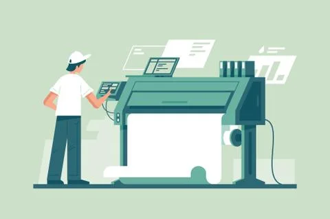 Young man working in typography at print to printer. Illustrazione stock