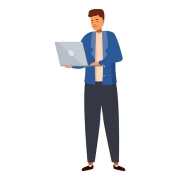 Young man working using laptop standing up, full body view Stock Illustration