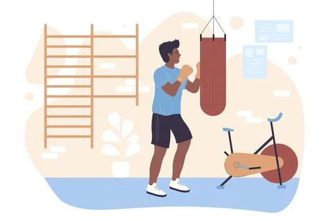 Young man workouts using punching box bag Illustration