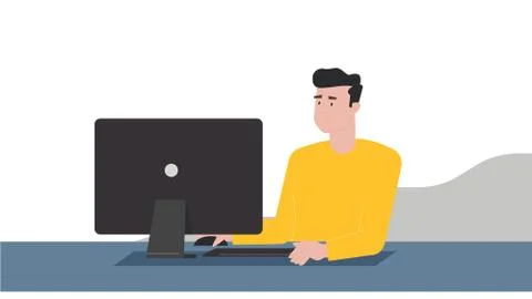 The young man works at the computer. Remote work. Vector Stock Illustration