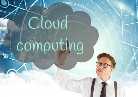 Young man writing in the screen CLOUD COMPUTING inside a cloud. Computing 스톡 사진