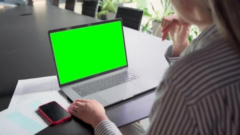 Young manager ceo typing on laptop computer keyboard with green screen. Stock Footage 156302312