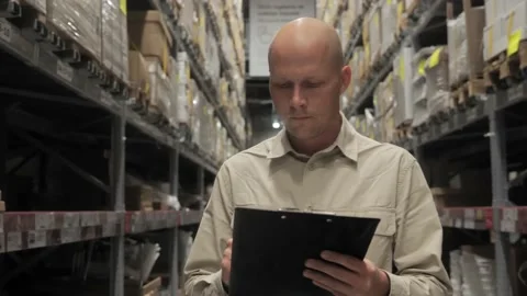 Young manager worker checklist manage parcel box product in warehouse Stock Footage 223400391