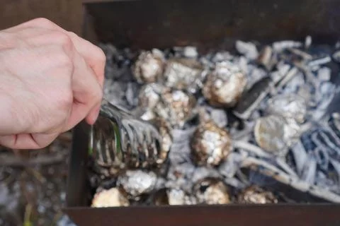 The young man's hand pulls out with metal tongs potatoes baked in foil on c.. Fotos de archivo