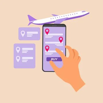 Young man's hand using a touch screen mobile phone to buy a plane ticket via  Stock Illustration