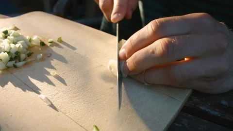 Young Man's Hands Slicing Garlic For A Vegetarian Barbecue Grill Party In 4K Stock Footage 111926121
