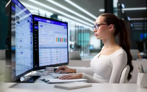 Young Marketing Expert Using Computer To Analyze Customer Data And Segments. Stock Photos