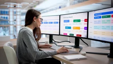 Young Marketing Manager Analyzes Data On Computer, Planning Growth Roadmap. Stock Photos