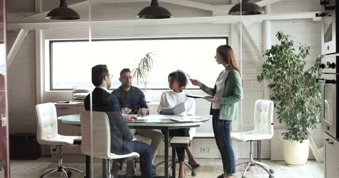 Young marketing manager presenting strategy plan at corporate group meeting Stock Footage 132017170