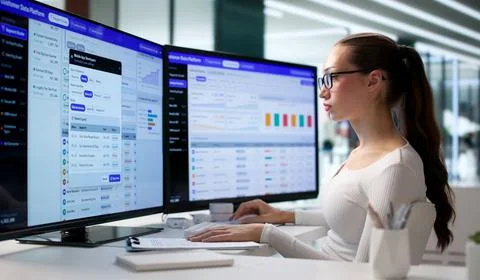 Young Marketing Manager Uses Computer To Analyze Customer Data Insights. Stock Photos