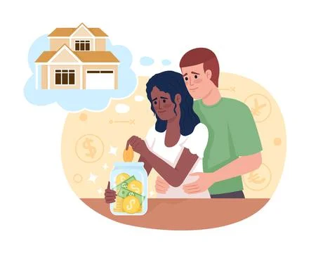 Young married couple saving for house 2D vector isolated illustration Stock Illustration