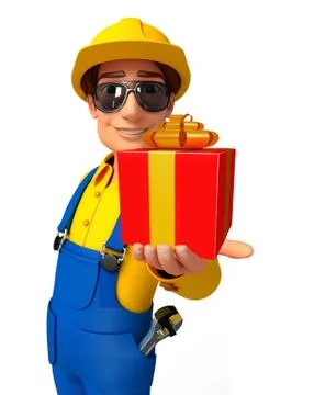 Young mechanic with gift box Stock Illustration
