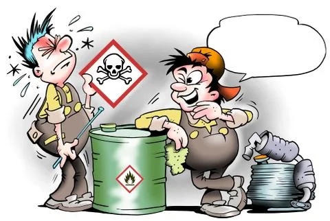 Young mechanic learns about safety signs Stock Illustration