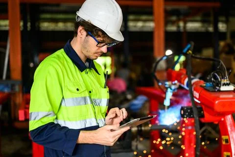 Young mechanical technician using tablet checking machine at warehouse Foto stock