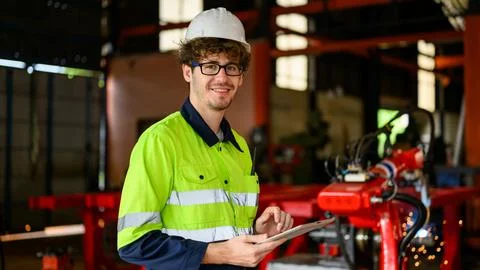 Young mechanical technician using tablet checking machine at warehouse Foto stock