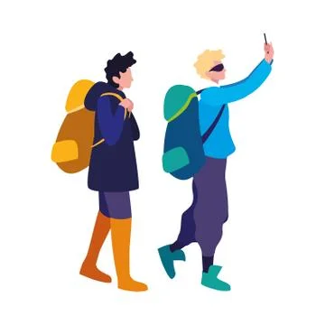 Young men with backpack hiking using mobile 스톡 일러스트