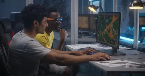 Young men beta testing video game 스톡 사진