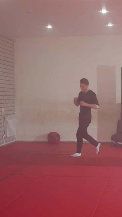 Young men in black performing martial arts punches and movements on red padded Stock Footage 345547160