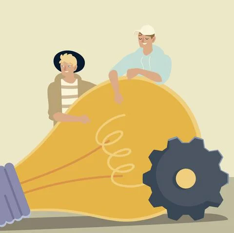 Young men characters with bulb and gear Stock Illustration